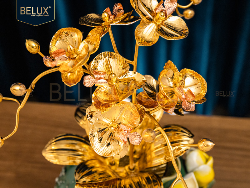 Chậu Lan Sen Tam Phúc mạ vàng 24k cao 35cm